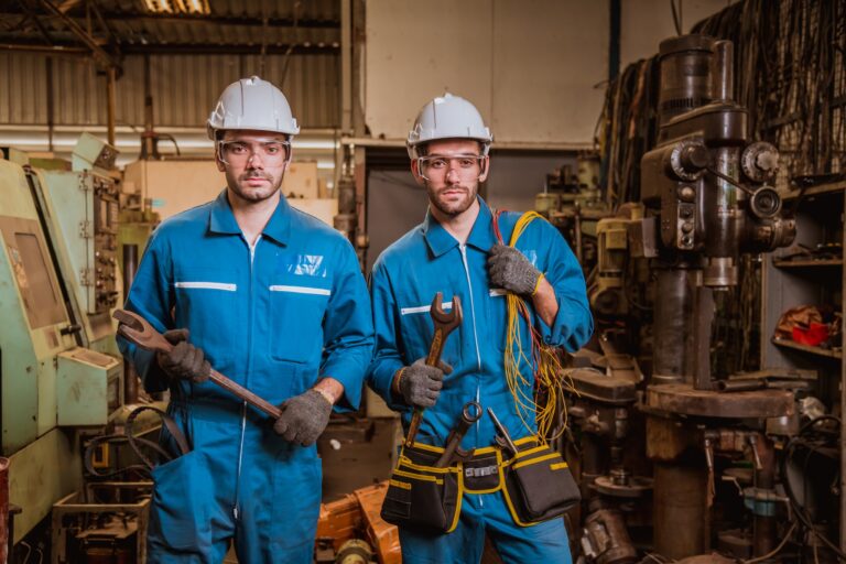 The Industrial engineer wearing safety uniform and safe helmet conversation discess for work and con